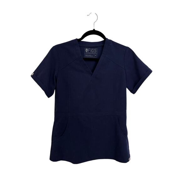 Figs Tops - Figs Scrub Top Womens XS Cayo Popover Navy Blue Short Sleeve V-Neck TW2012